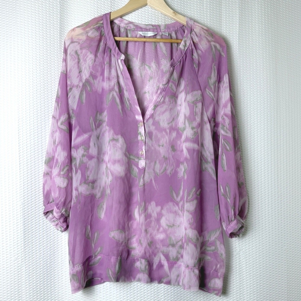 New York & Company Blouse Women XL Purple Floral Boho Chiffon Sheer Fairy Pastel